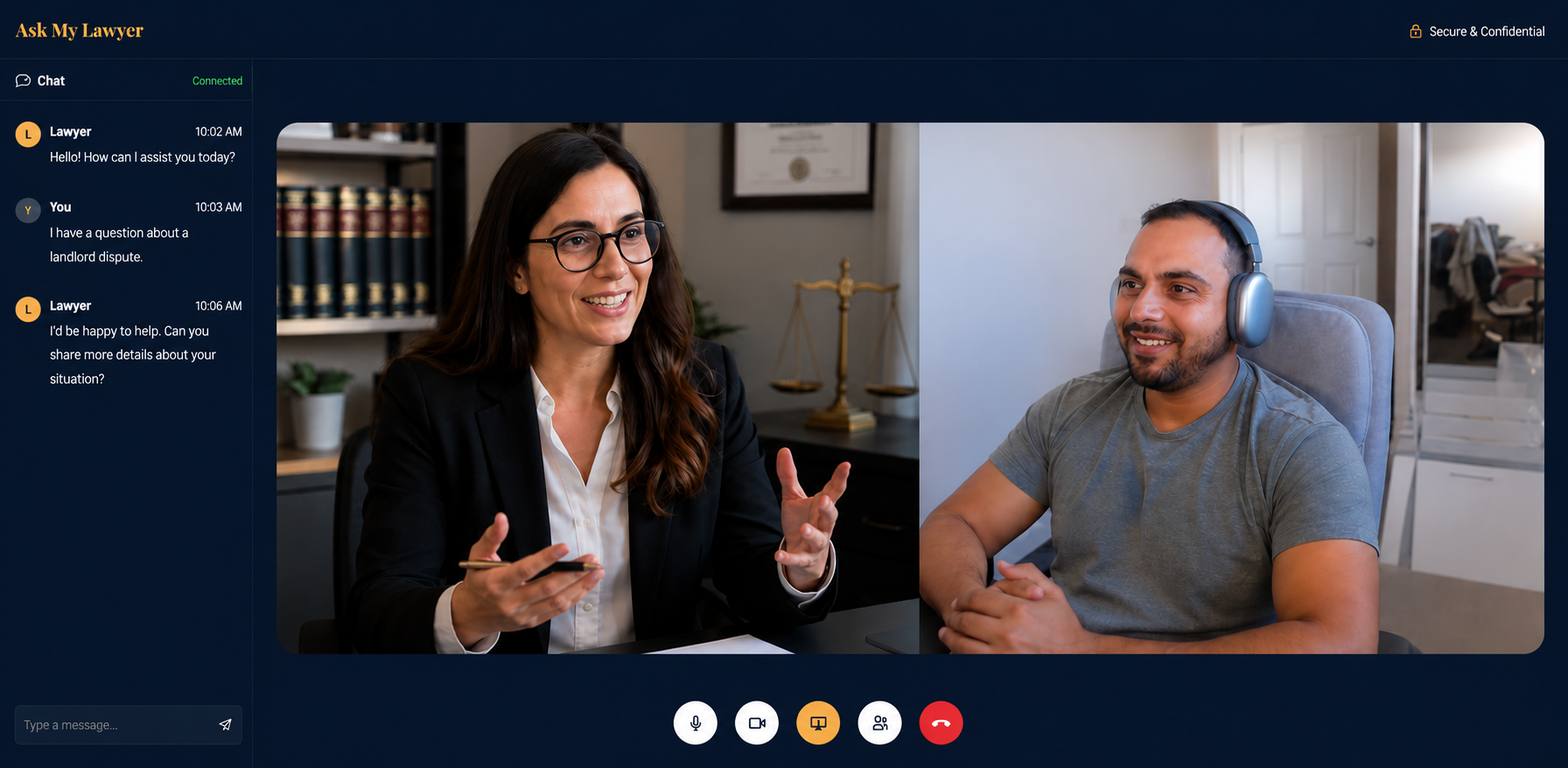 Ask My Lawyer video consultation showing attorney in call with client, chat sidebar, and meeting controls